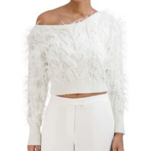 Bcbgmaxazria Women's White Feathered Pullover Cropped Cable Knit Sweater Size XS